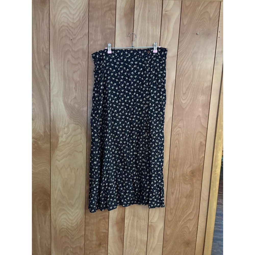 Vintage Blue Floral Button Front Midi Skirt Navy Blue Cottagecore 90s Style